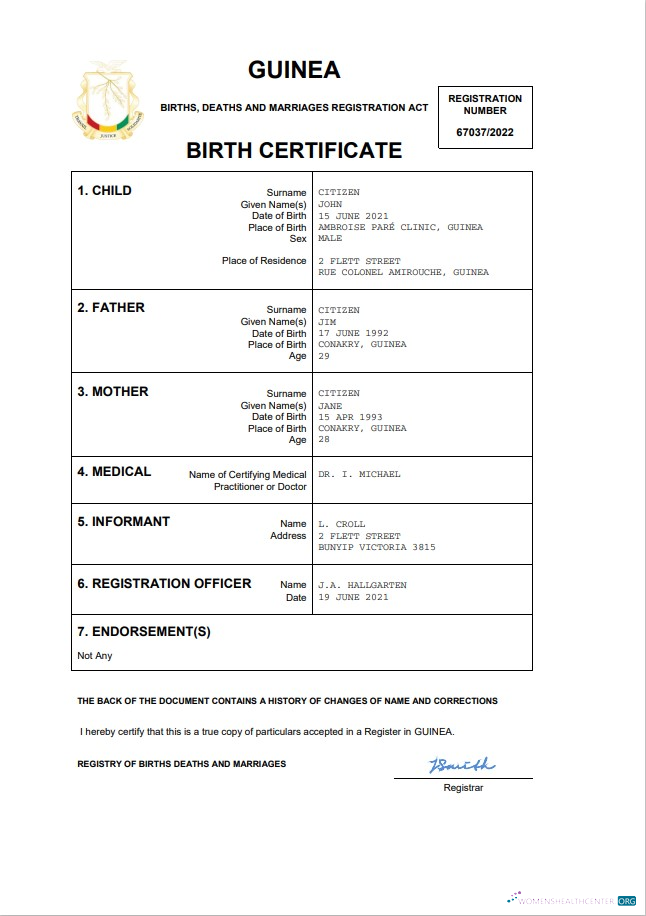 Download Guinea vital record birth certificate Word and PDF template Photoshop template